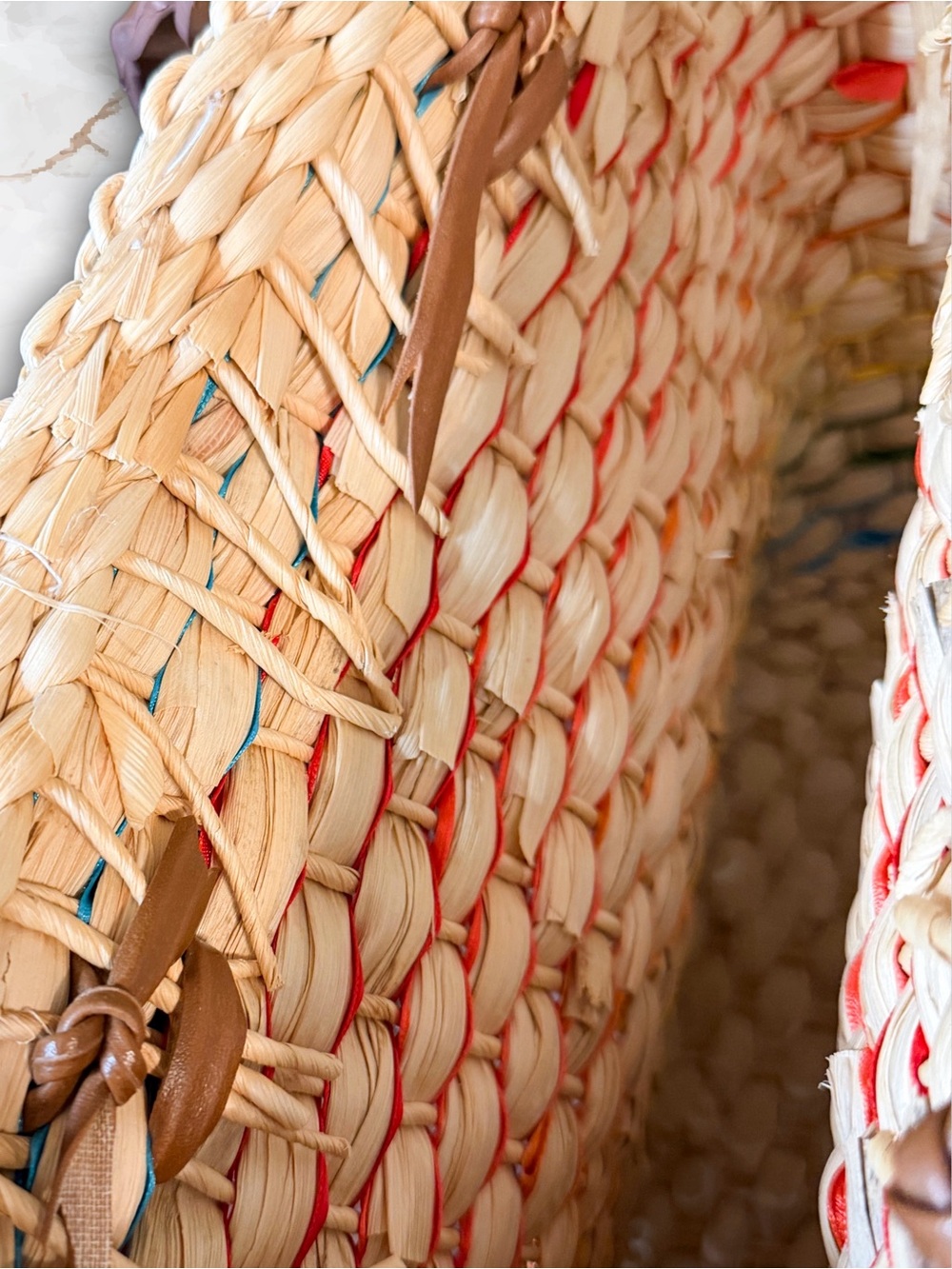 Rainbow Raw Woven Straw Tote Basket with Leather Handles - Picture 6 of 8